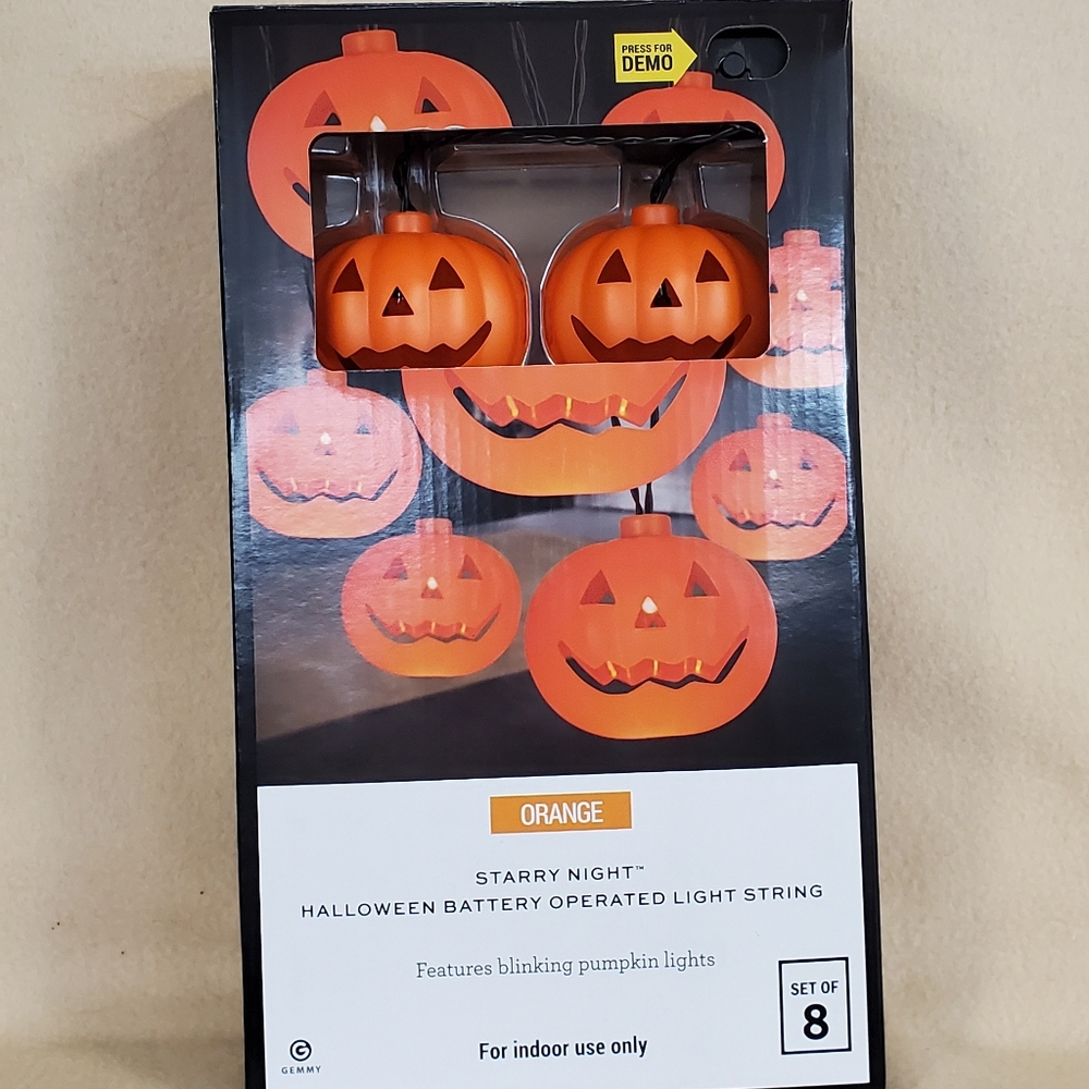 String of 8 halloween battery operated led orange blinking pumpkin lights